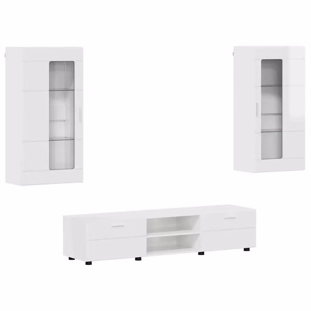 Set mobile TV moderno vidaXL FLORIN in 3 pezzi Bianco Lucido e Legno MDF L: 150 cm, P: 39 cm, H: 30 cm – 2