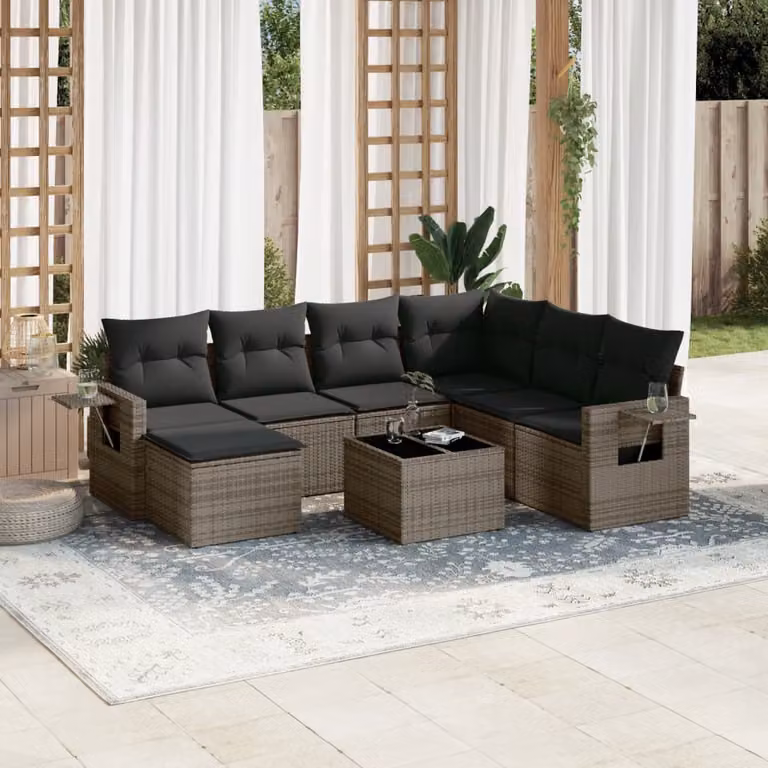 Set Divano da Giardino vidaXL 8 pz in Polyrattan Grigio con Cuscini e Tavolino