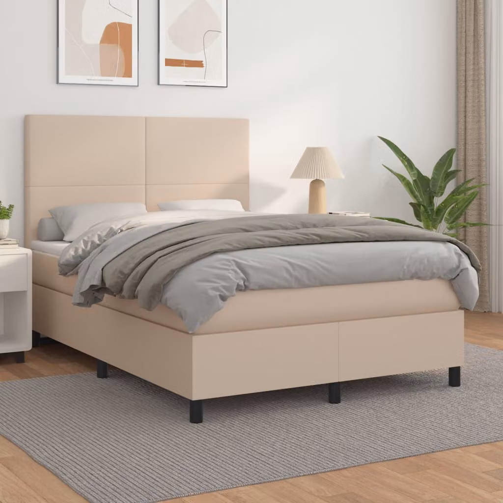 vidaXL Letto con Giroletto a Molle e Materasso Ibrido in Similpelle Colore Cappuccino L/P/H: 200 x 140 x 128 cm