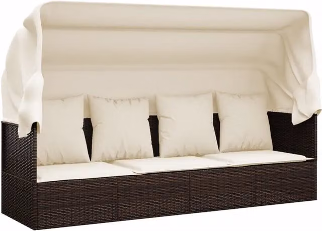 Lettino Prendisole | Sdraio da giardino | Lettino da sole Esterno Tetto e Cuscini Marrone Polyrattan