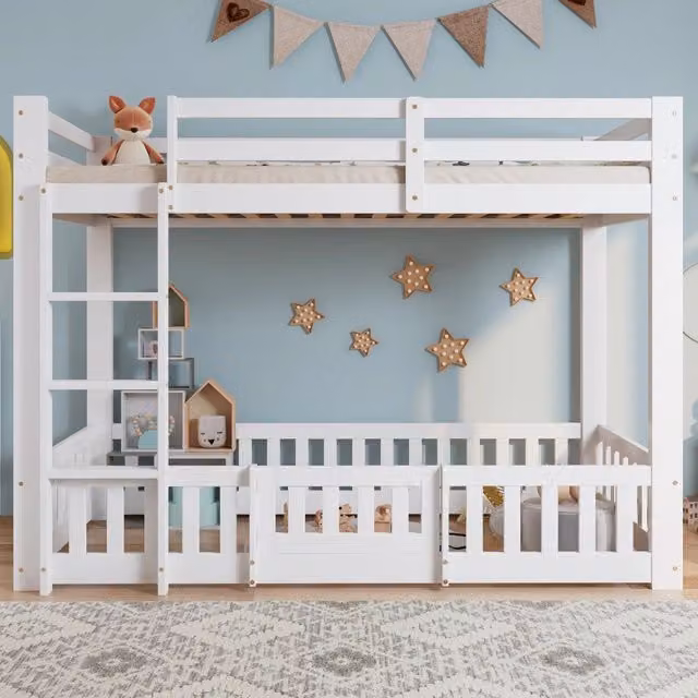 Letto a castello 90×200 cm 2 posti con scala dritta, sponda e porta, senza materasso, bianco
