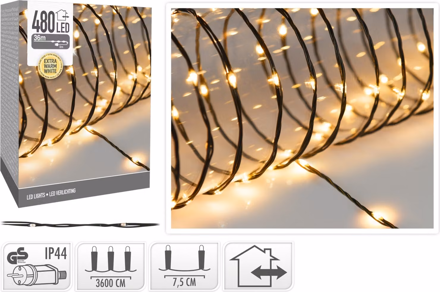 Luci di Natale a grappolo 480 LED filo 36 metri luce bianca extra calda