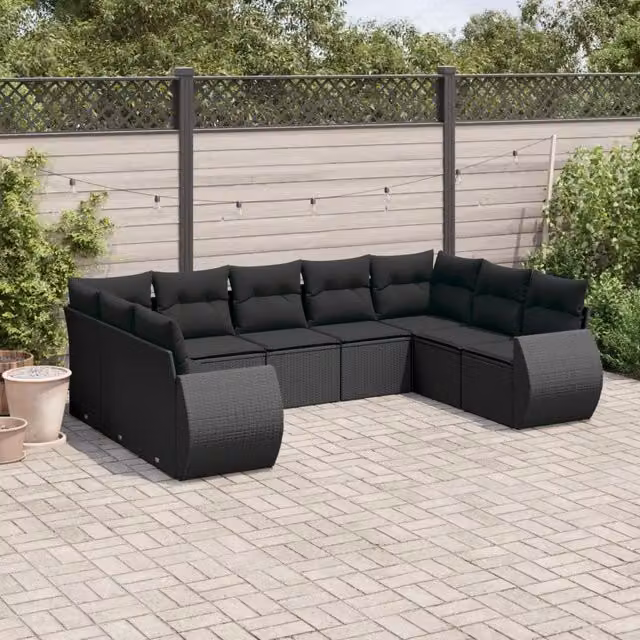 Set Divani da Giardino 9 pz con Cuscini Nero in Polyrattan 3221794