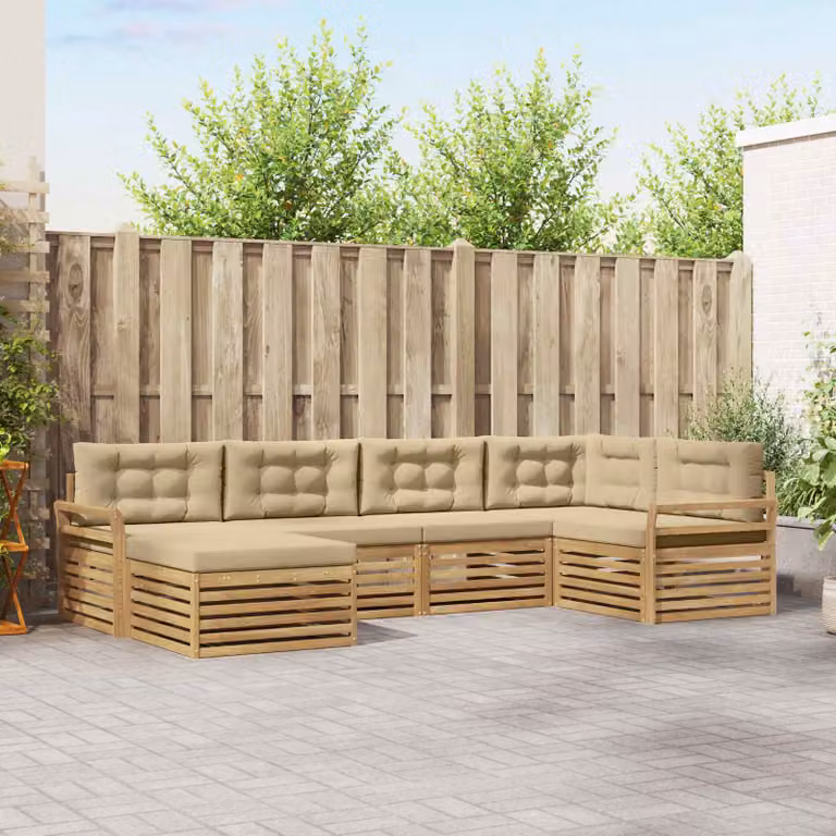Set di divani da esterno vidaXL a forma di L composto da 6 pezzi in legno di acacia con cuscini bianchi e beige