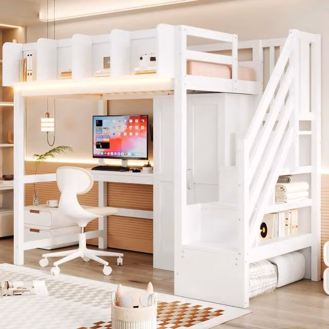 Letto a soppalco singolo 200×90 cm con scrivania, armadio, LED e prese, senza materasso, legno bianco