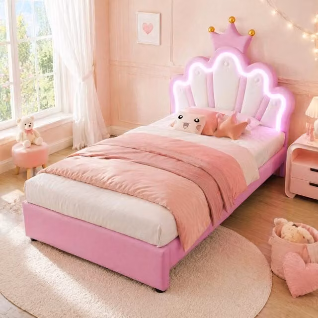 Letto Mivray con cassetti e testiera regolabile con illuminazione LED, rivestimento in ecopelle rosa e MDF, L/P/H: 90 x 200 x 103 cm