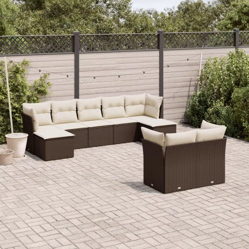 vidaXL Set Divani da Giardino a L 9pz in Polyrattan Marrone e Bianco con Cuscini e Ottoman – 1
