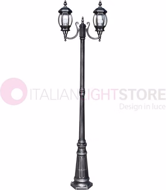 ENEA Lampione a 2 luci h.212 in Alluminio per Esterno Vialetto Giardino NERO-ARGENTO