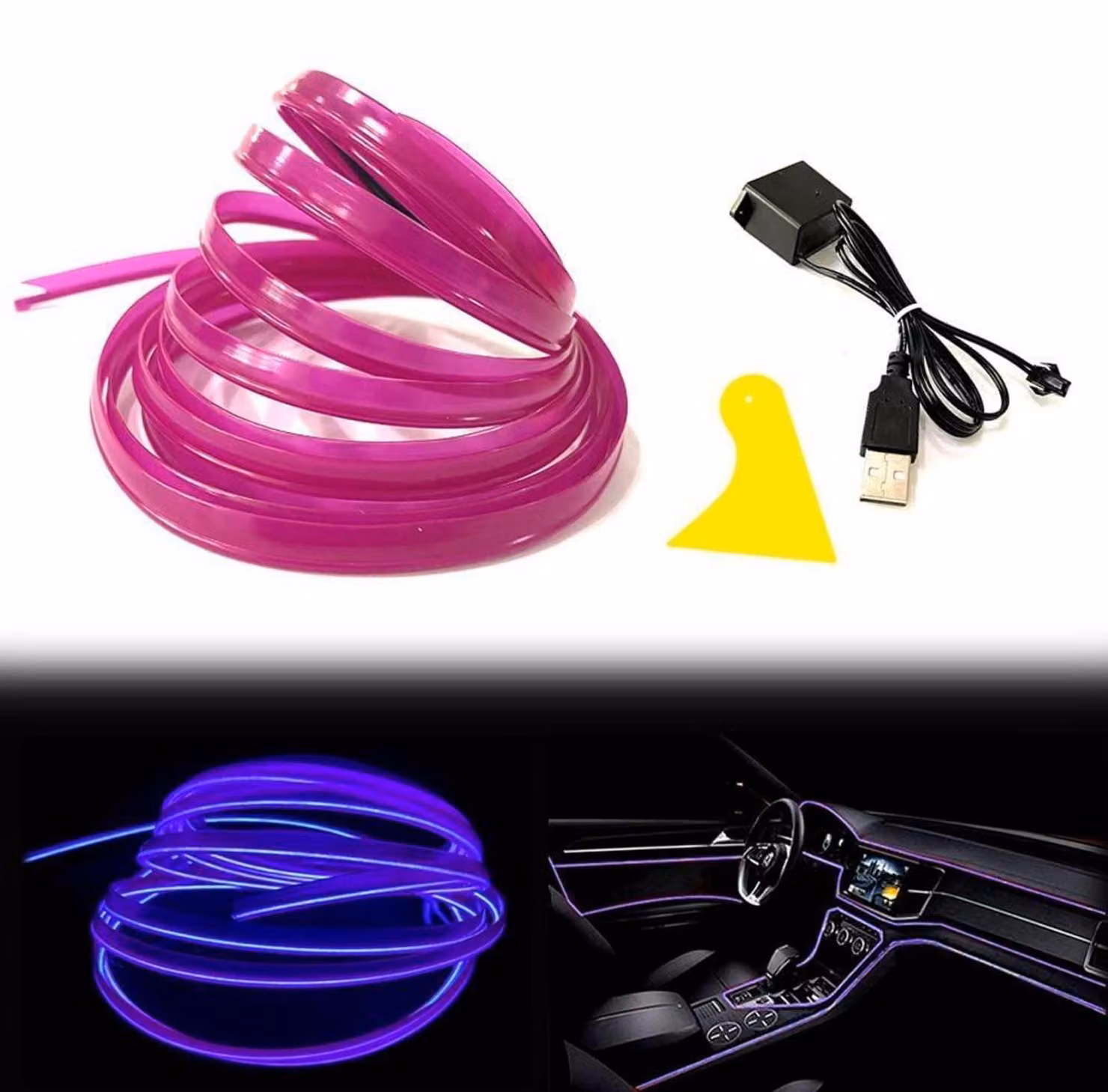 Cavo luminoso EL, colore viola, flessibile, tubo al neon DC 5V per la decorazione degli interni dell'auto