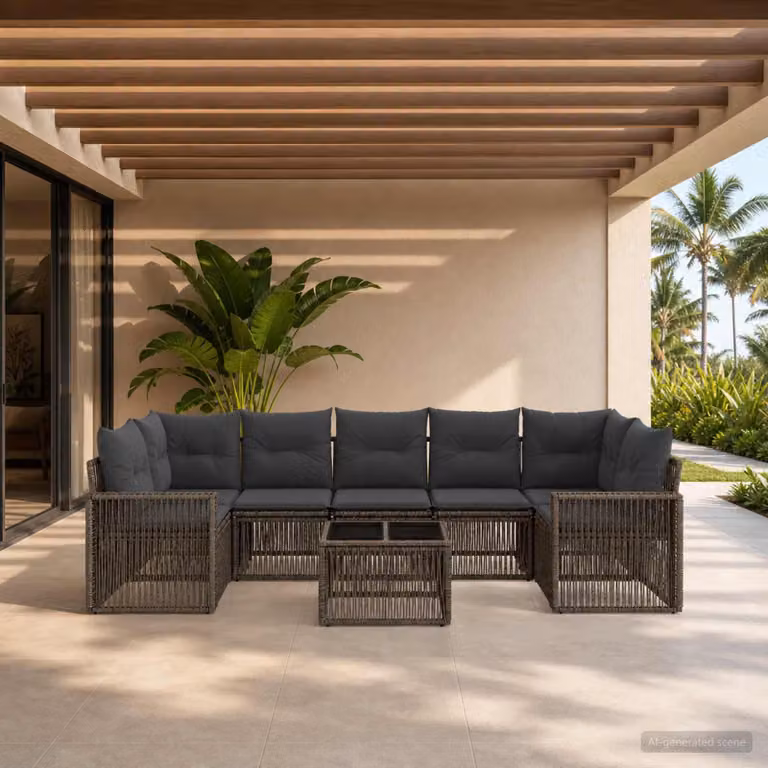 Set Divano da Giardino vidaXL 8 pz Grigio con Poltrona, Divano a L, Elementi Angolari e Tavolino da Caffè in Polyrattan e Metallo con Cuscini Inclusi