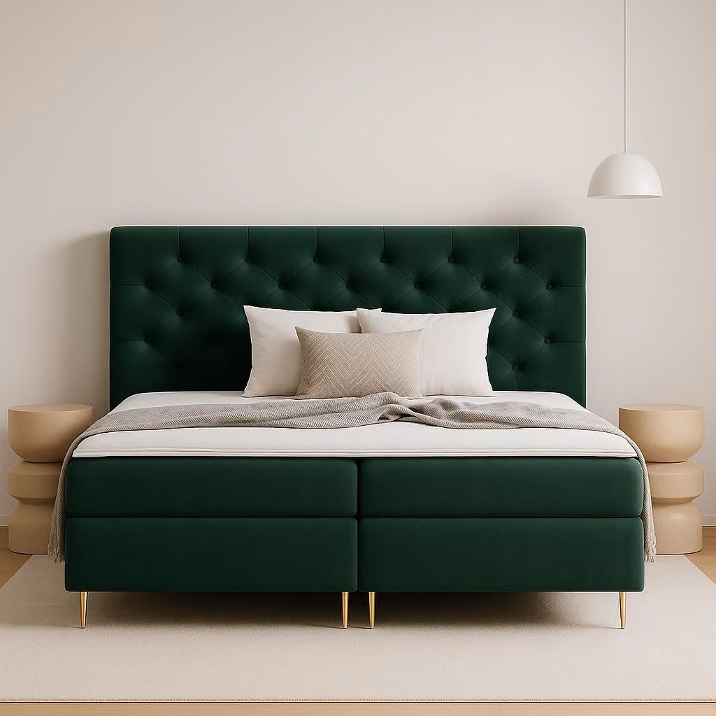 GUTTO Letto a molle LIVIA 200 x 200 cm 2x Contenitore TOPPER 5cm Velluto verde sciolto Gambe alte dorate