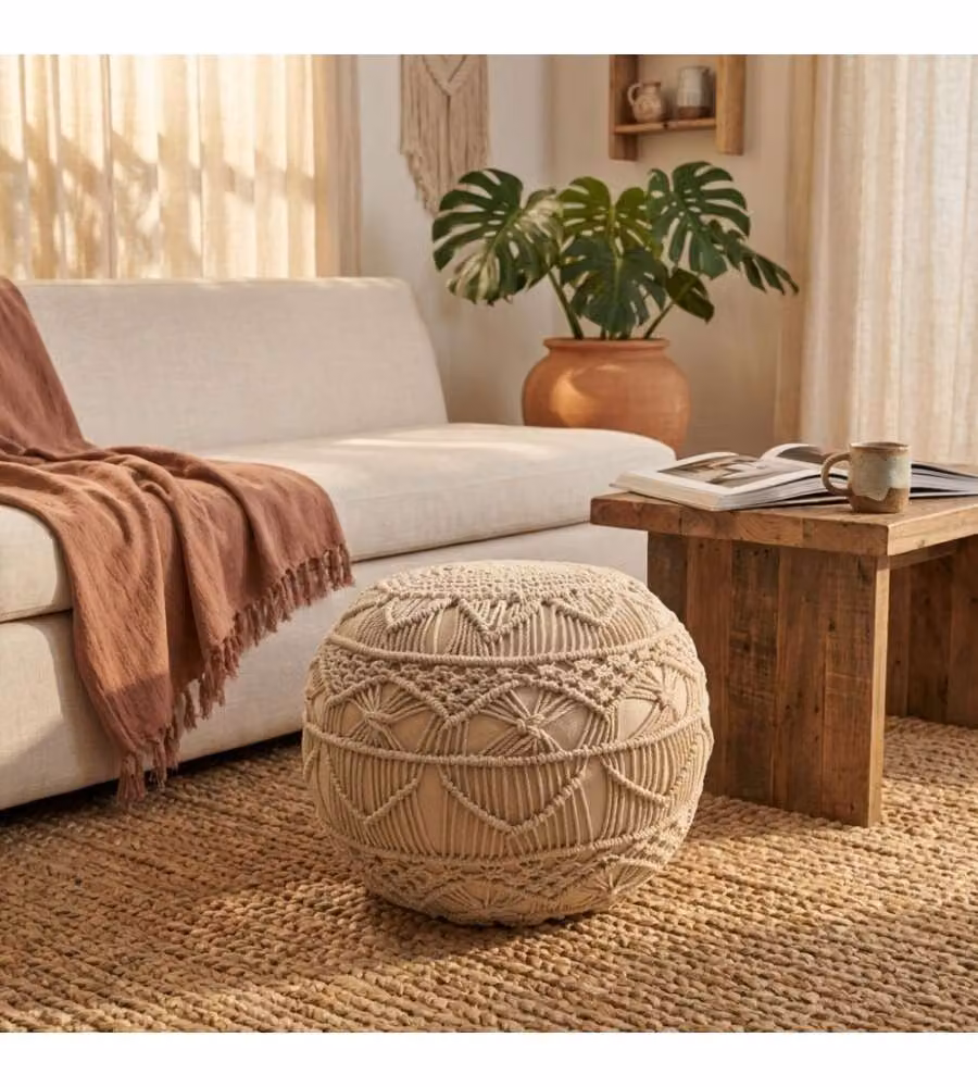 Cosma Pouf Quadrato Bianco in Cotone 40x40 cm Stile Boho Fisso