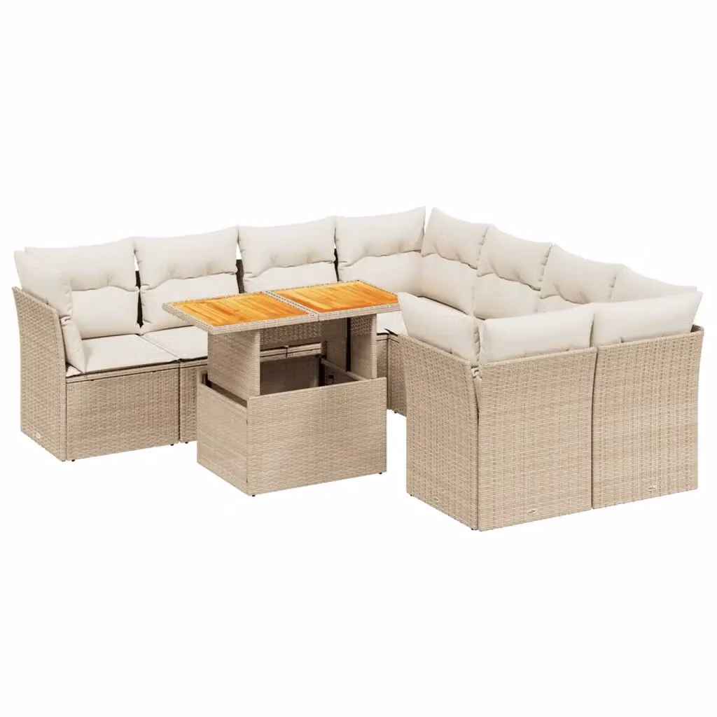 vidaXL Set Divano da Giardino 9 pz a L con Cuscini Beige e Tavolino, Design Moderno in Polyrattan e Legno di Acacia – 2