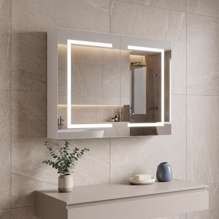 INONEFT Armadio a specchio da bagno con illuminazione a LED a 3 colori, 80x13,5x60 cm, armadio a specchio a 2 ante con ripiano in vetro e interruttori touch, funzione memoria, bianco