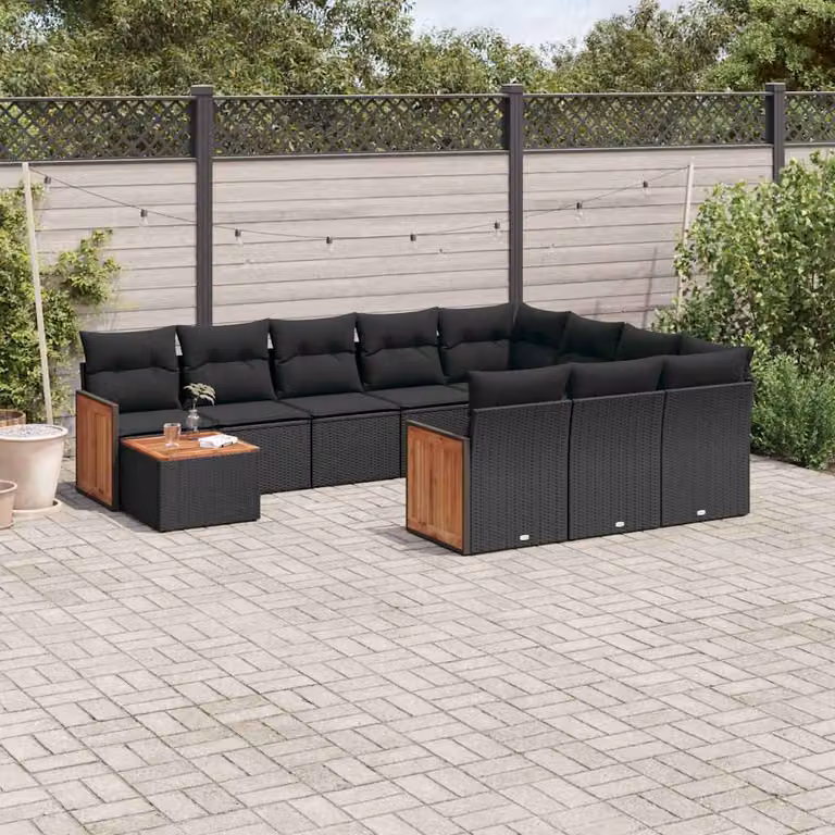 vidaXL Set Divani da Giardino 11 pz in Polyrattan Nero con Cuscini e Tavolino da Esterno a Forma di L