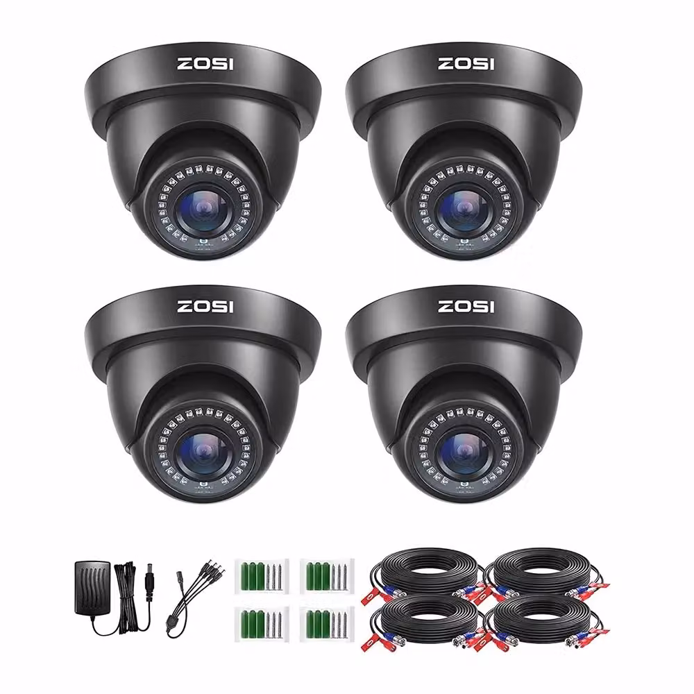 ZOSI Set di 4 telecamere di sicurezza, risoluzione HD 1080P, visione notturna fino a 24 metri, nero