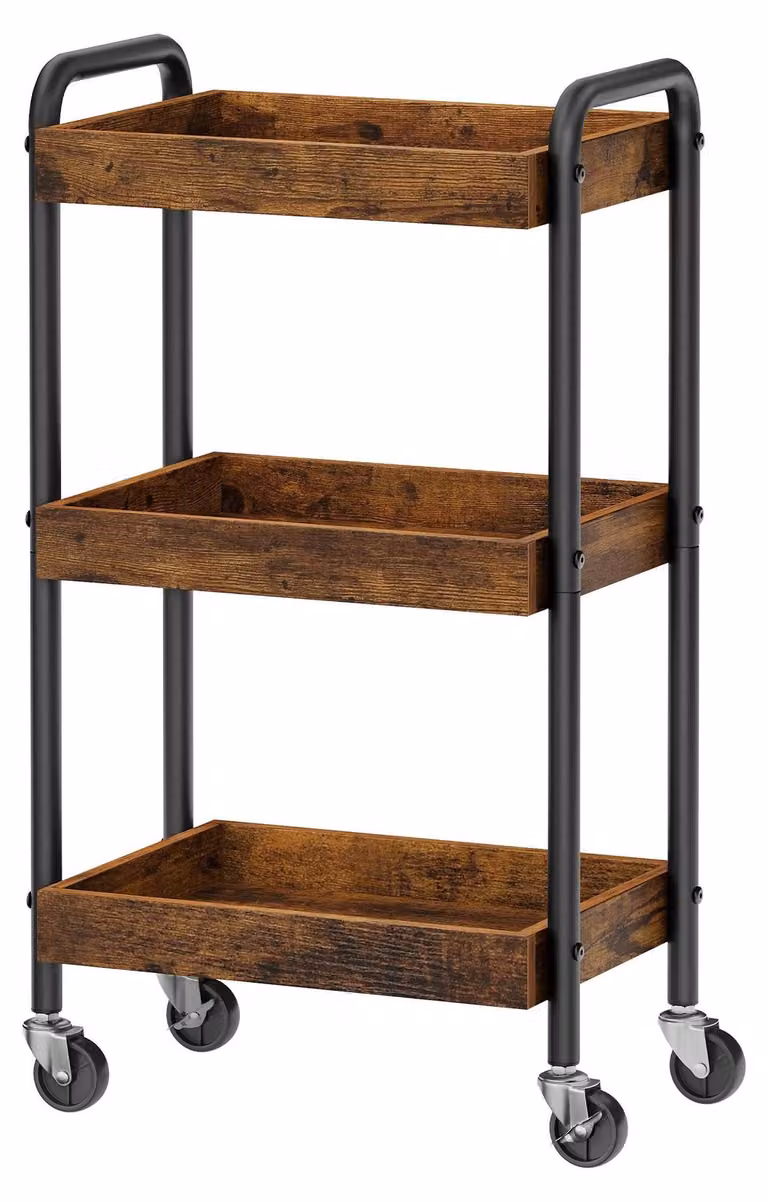 Ripiano portaoggetti su ruote, realizzato in MDF, con maniglie. Colore: marrone. Dimensioni: 41,3 x 27,5 x 73 cm