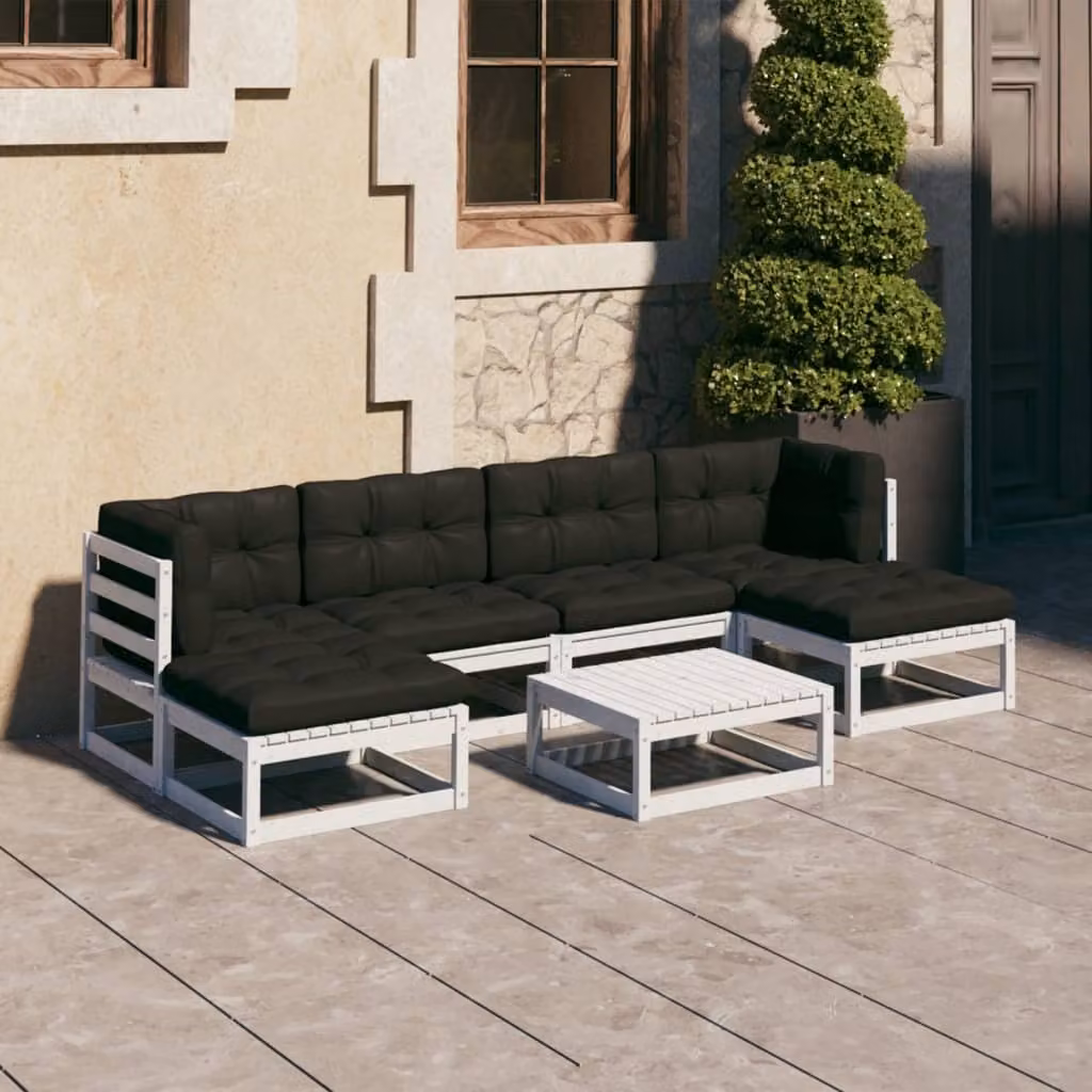 The Living Store Set da giardino 7 pezzi con cuscini in legno di pino massiccio bianco