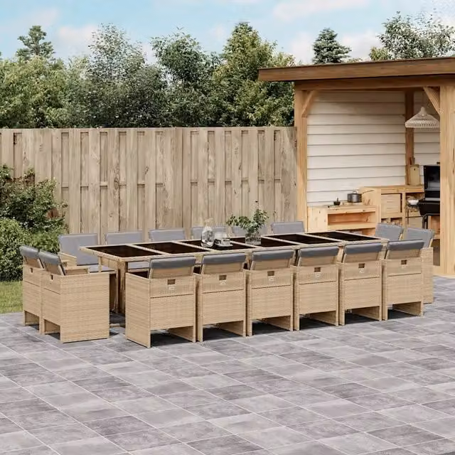 Set da pranzo da giardino vidaXL in polyrattan con tavolo in vetro e 17 pezzi, colori beige, nero e grigio