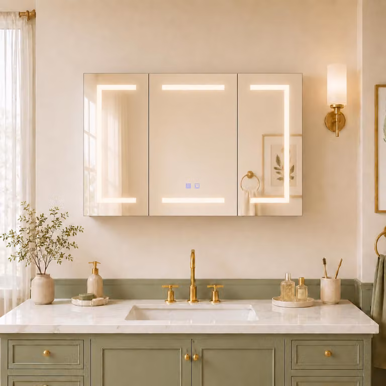 Specchio LED da 100 cm con 3 ante, funzione antiappannamento e presa di corrente, colore bianco