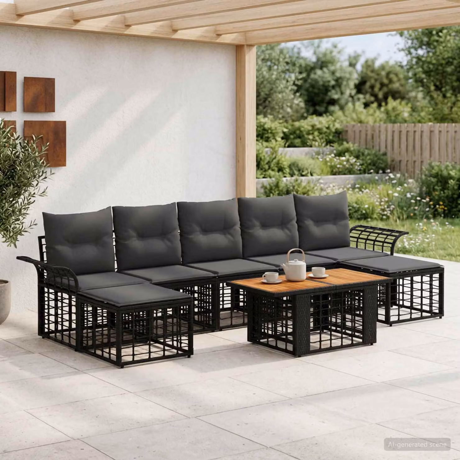 Set Divano da Giardino vidaXL 8 pz a Forma a L con Tavolino e Ottoman, Colore Nero e Grigio, Struttura in Metallo e Polyrattan con Cuscini Inclusi