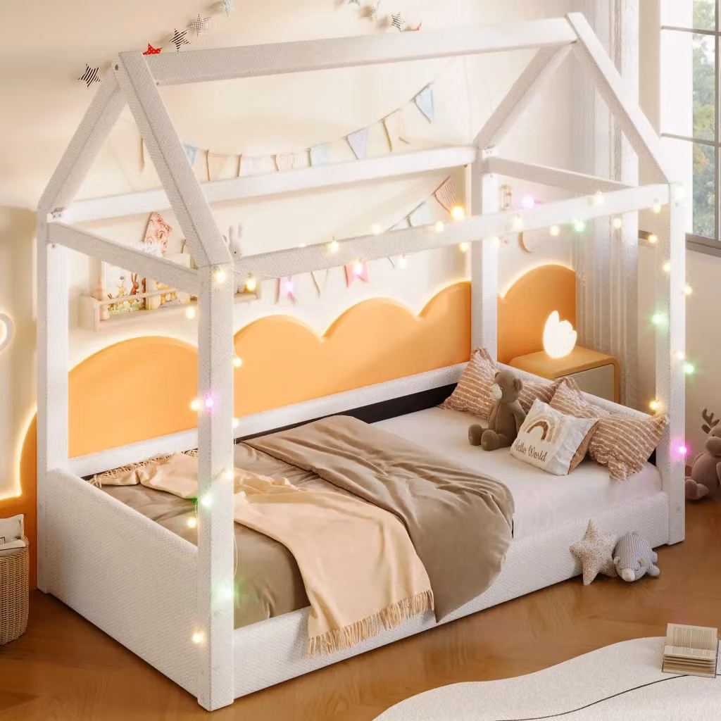Letto a casetta singolo OKWISH in lino e MDF beige con luci LED sottostante, dimensioni 90 x 200 cm – 2