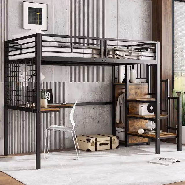 Letto a soppalco per bambini e adolescenti ¨C Minimal ¨C Metallo nero legno scuro 90x200cm con tavolo e armadio