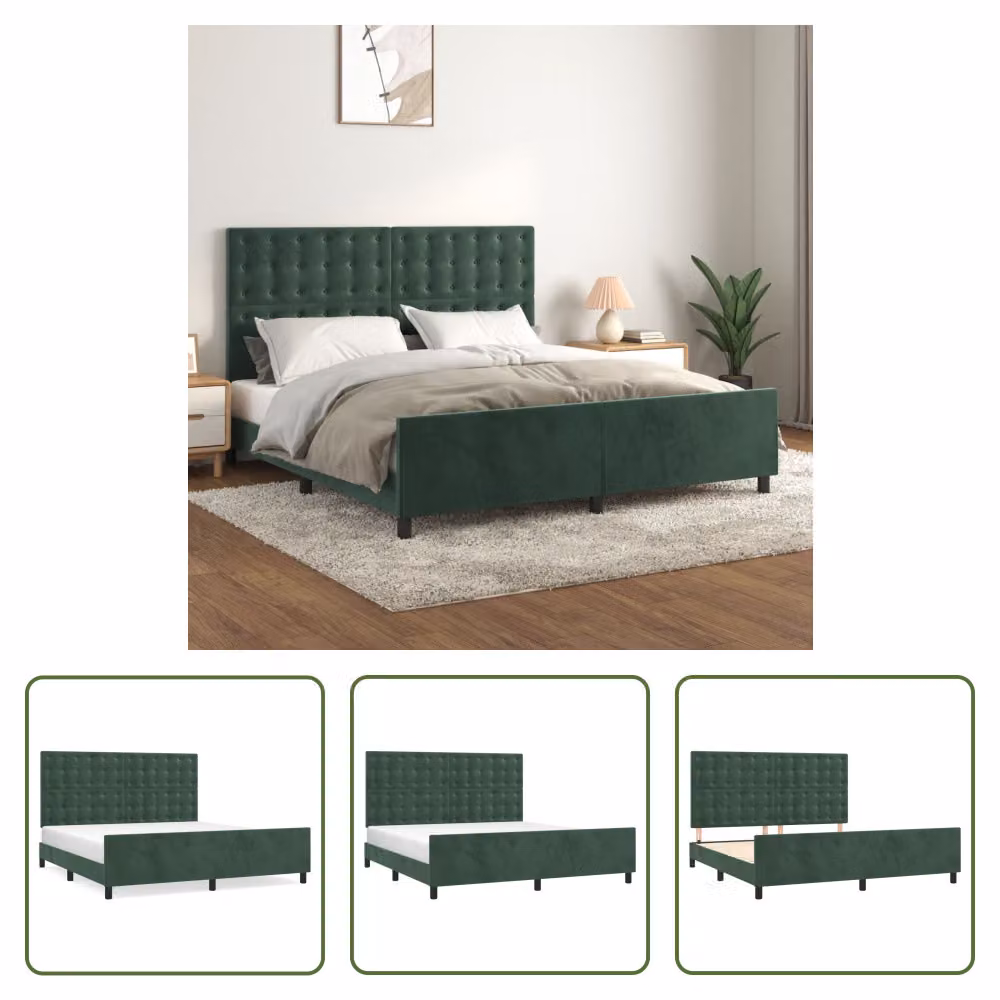 The Living Store Struttura letto con testiera in velluto verde scuro 180x200 cm