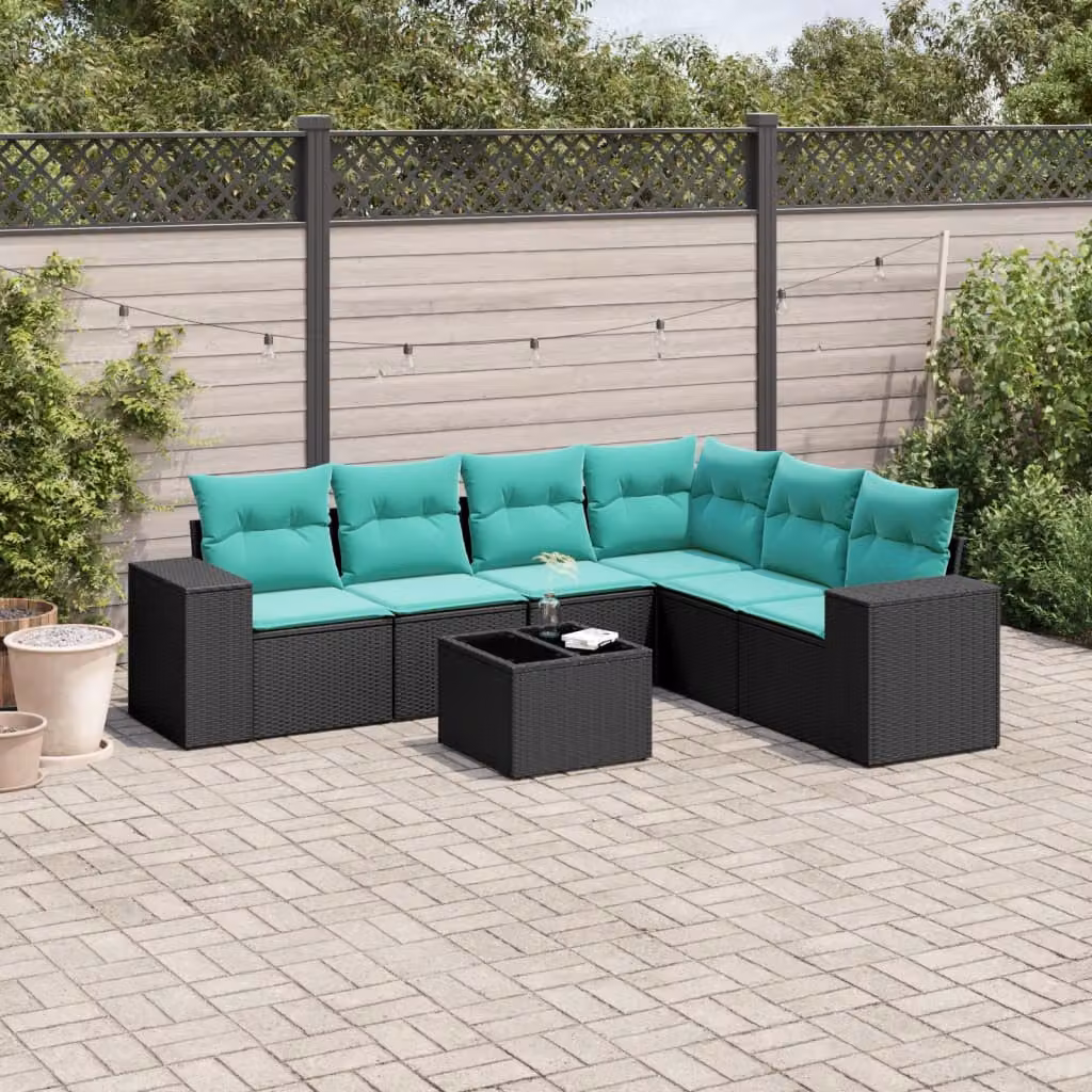 Set di divani da giardino vidaXL 7 pezzi in rattan con cuscini e tavolino da esterno nero