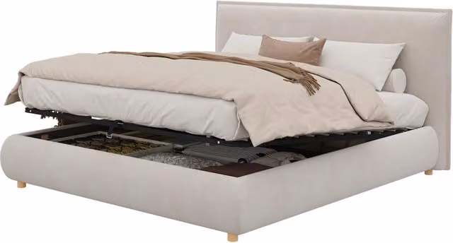 Letto matrimoniale moderno con contenitore idraulico in velluto beige L: 180 cm, P: 200 cm, H: 220 cm