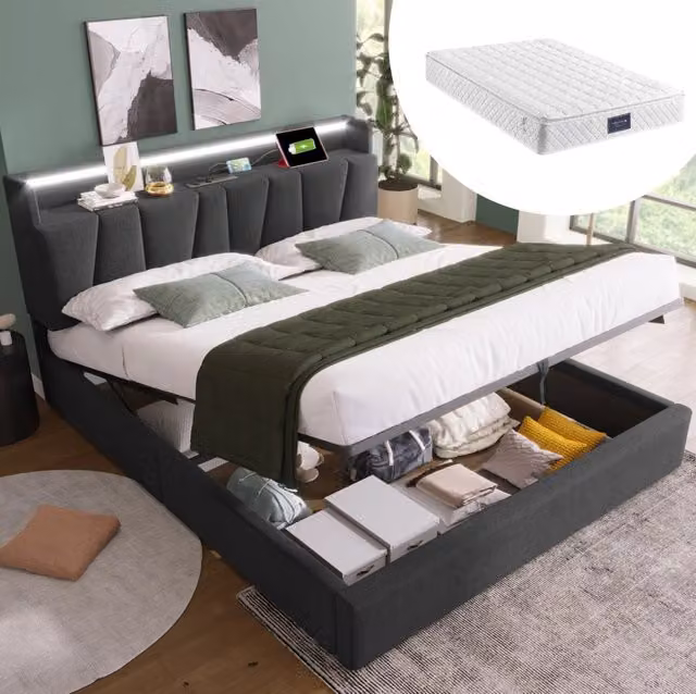 Letto imbottito matrimoniale grigio 140x200 cm con testiera contenitore, prese USB e illuminazione LED, rete a doghe in legno con materasso