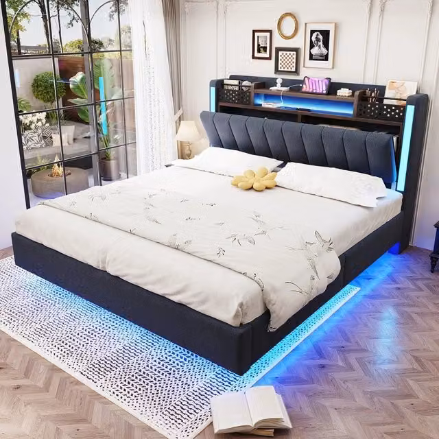 Letto Imbottito con LED e USB ¨C MINIMAL ¨C Tessuto Grigio 140x200 con Contenitore