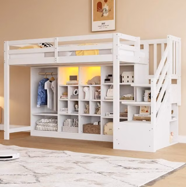 Letto a Soppalco 90x200 cm con Armadio e Ripiani, Illuminazione LED, Struttura in Legno, Bianco
