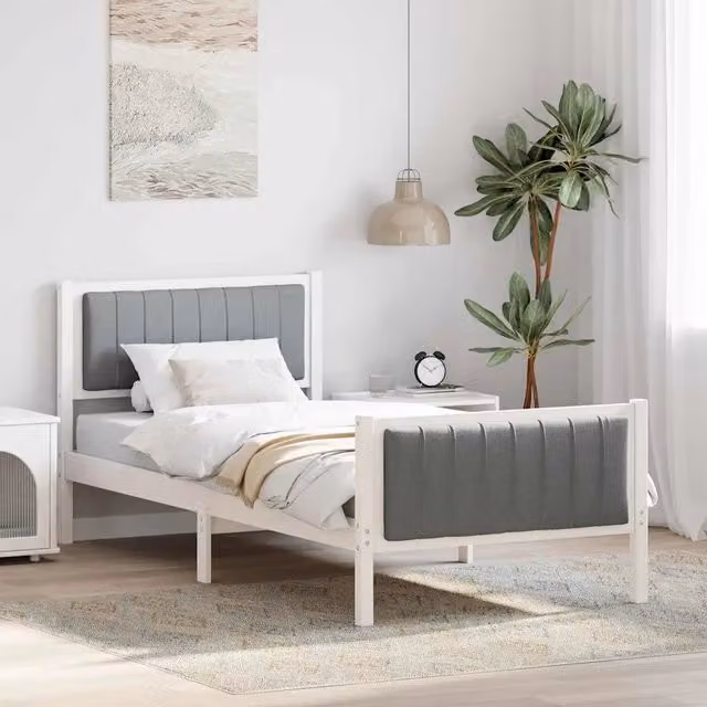 Struttura del letto moderna vidaXL in legno di pino con rivestimento in tessuto bianco e grigio, dimensioni 90 x 190 cm