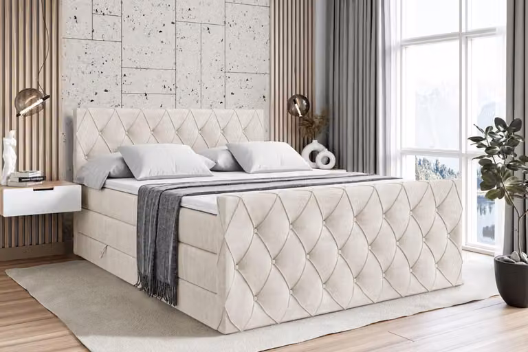 Letto boxspring ALTDECOR con materasso e rete a doghe - AMAY KING - 160x200 cm - Velluto beige - Coprimaterasso, pediera, letto imbottito con contenitore, letto con vano portaoggetti H3 e H4 - Materasso, letto matrimoniale, letto boxspring