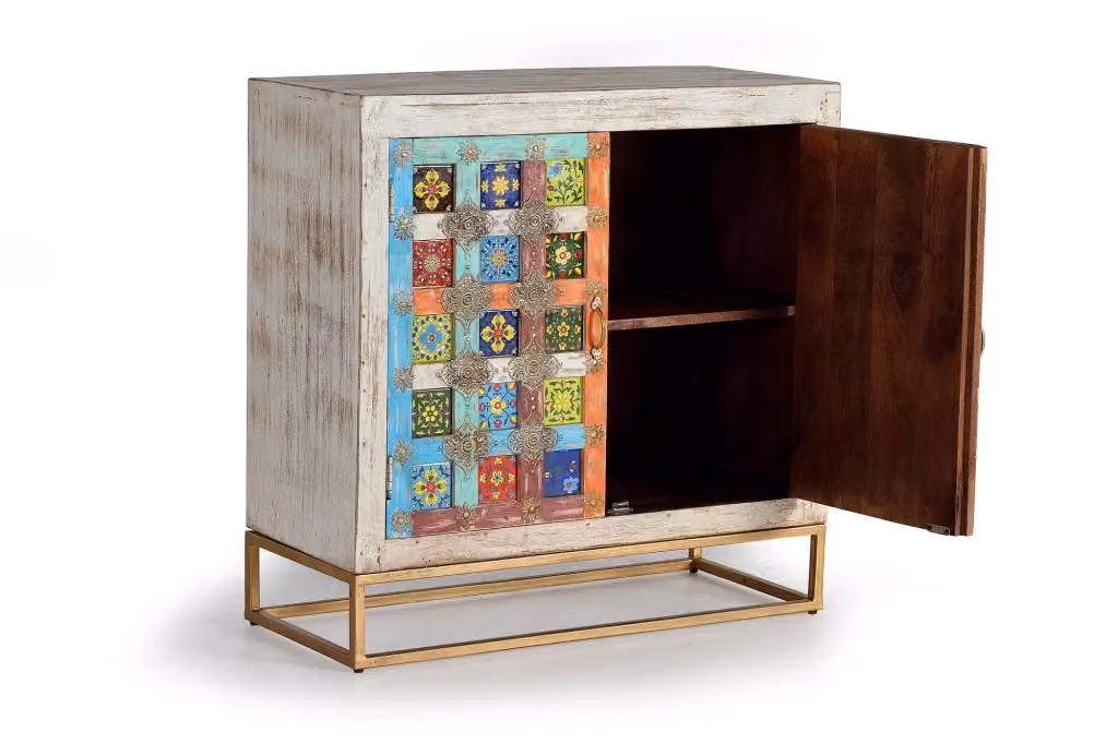 Comodino etnico in legno di mango con intarsi floreali multicolore, bianco e oro, Giner y Colomer – 2