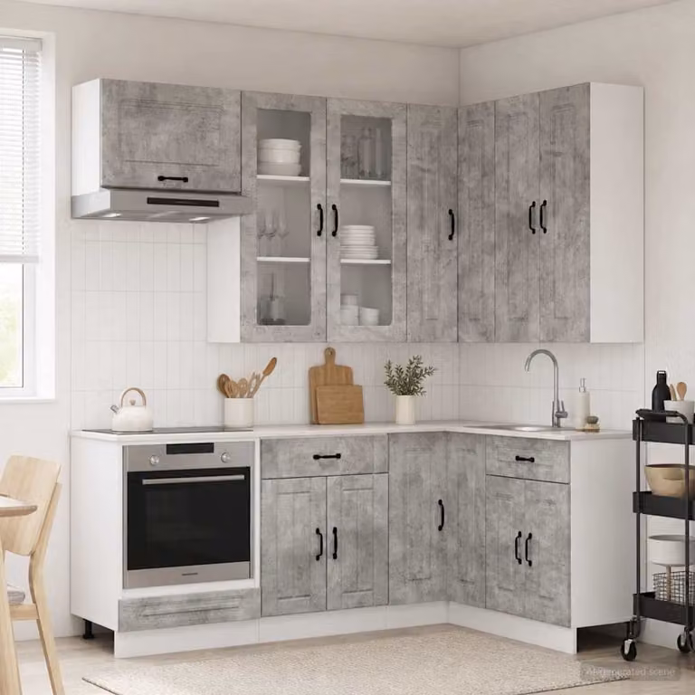 vidaXL Unità Cucina KALMAR 8 pz Grigio Cemento in Legno MDF con Ante in Vetro e Design Minimalista