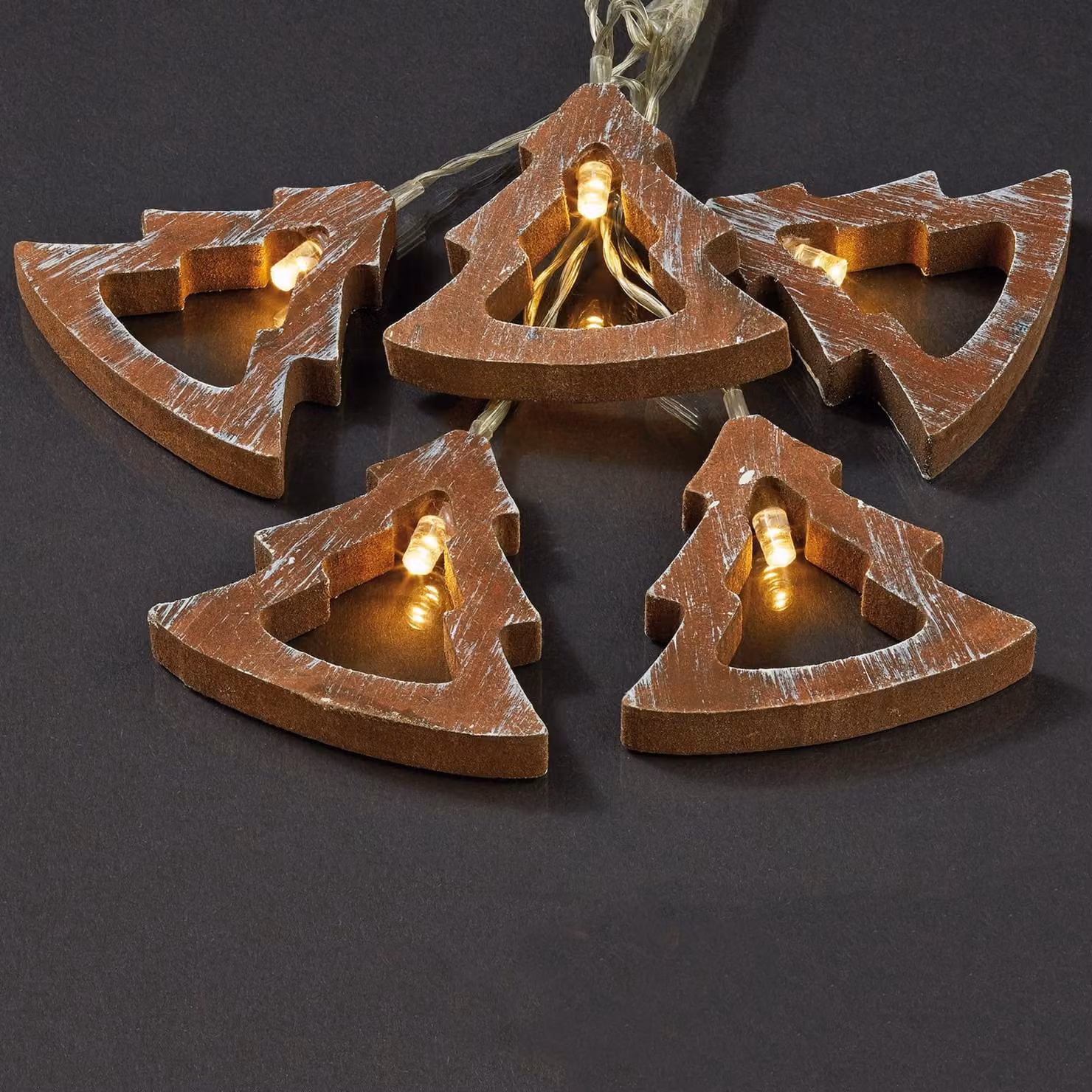Catena luminosa con 10 piccoli alberi di legno LED, luce bianca calda, colore marrone, lunghezza 1,65 metri, per uso interno