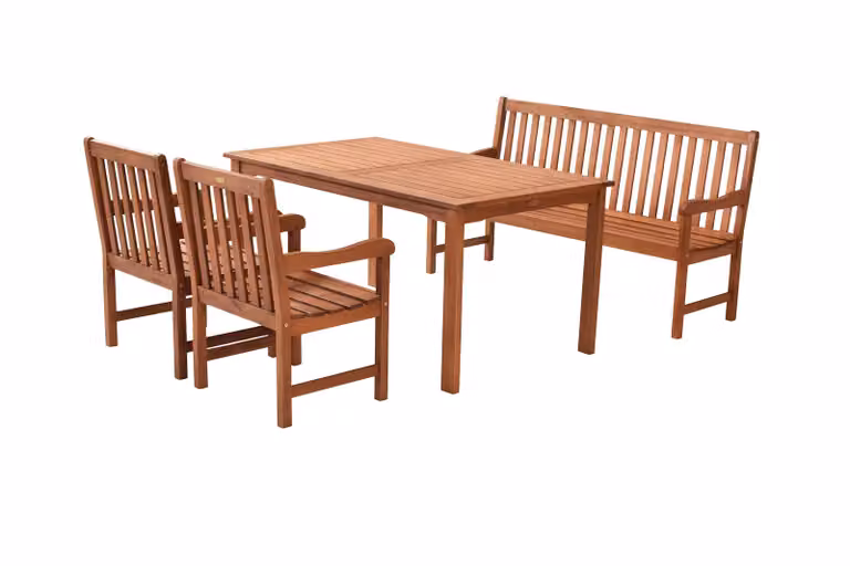 Merxx Set Santos 4 pezzi, 2 poltrone Santos, 1 panca Santos, 3 posti, 1 tavolo, 150 x 90 cm, eucalipto