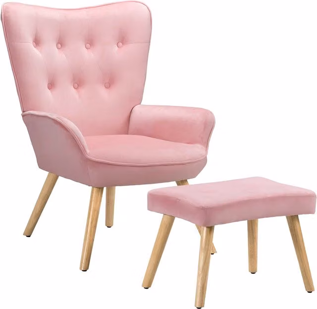 Poltrona con Sgabello BAKAJI in Velluto Rosa con Struttura in Metallo e Imbottitura in Schiuma per Salotto Moderno