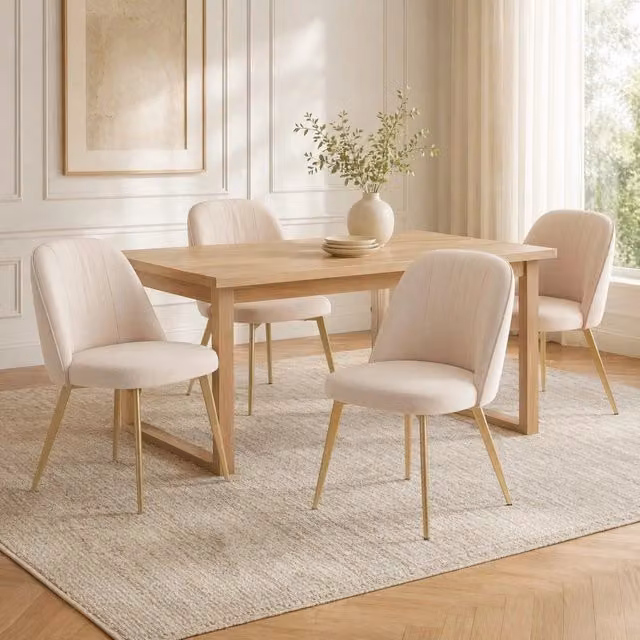 Set di 4 sedie da pranzo in velluto beige con gambe in ferro dorato