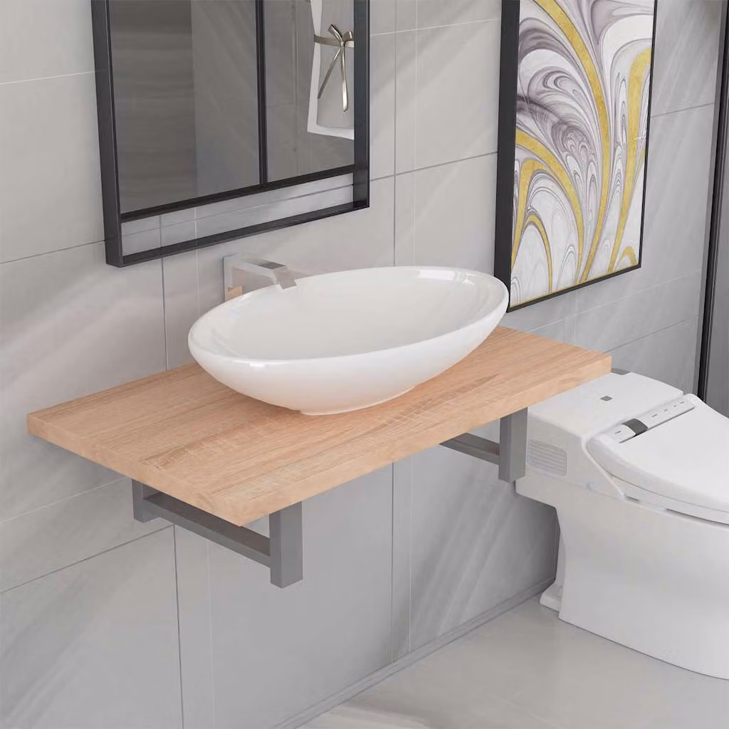 Set Mobili da Bagno Moderno vidaXL in Ceramica e Rovere, 2 Pezzi, Bianco e Marrone