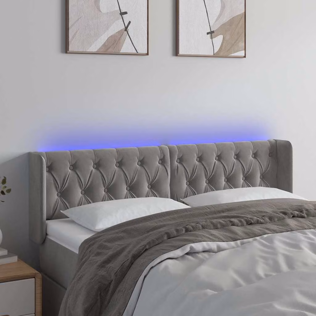 Testiera per letto vidaXL in velluto grigio con illuminazione LED e porta di ricarica USB, L: 163 cm, P: 16 cm, H: 78-88 cm