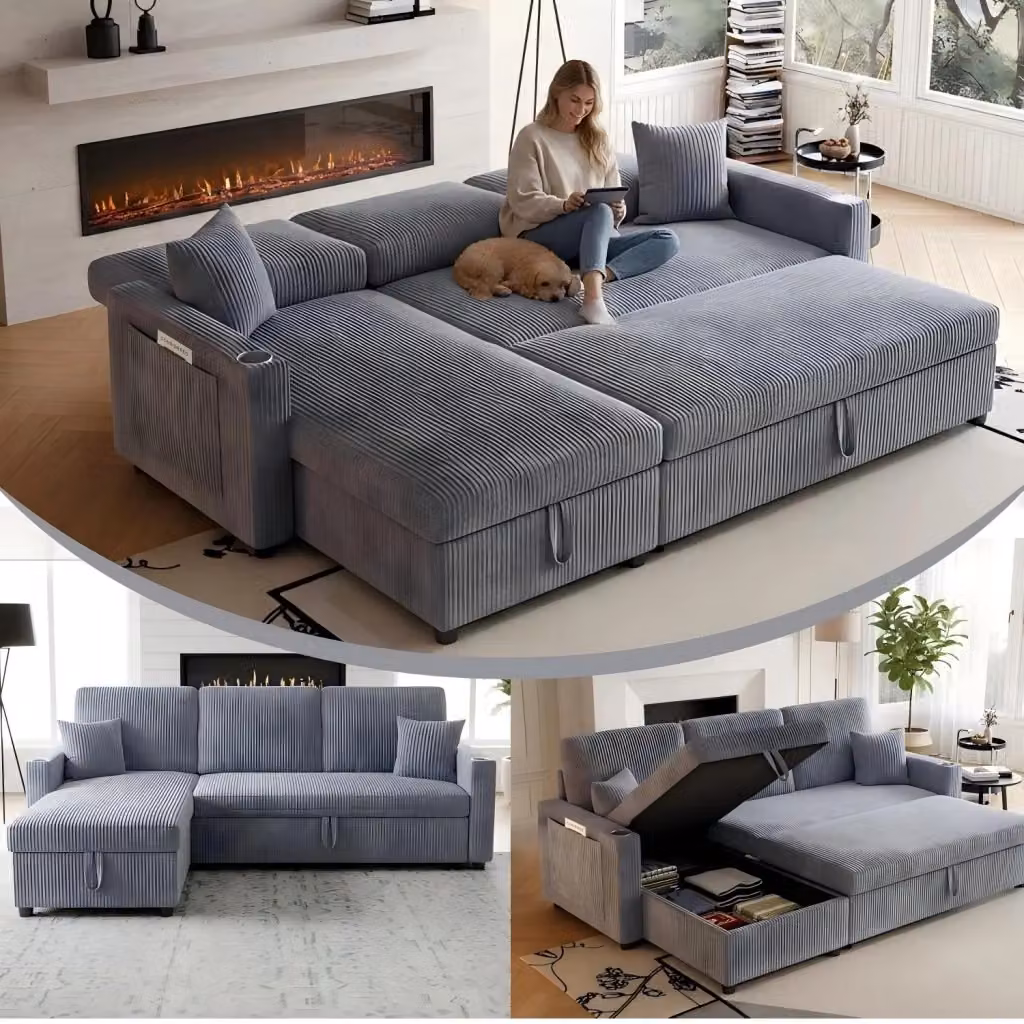 Divano letto modulare Mivray a L con vano contenitore in velluto a coste grigio, ricarica USB e Type-C, struttura in legno massello – 2