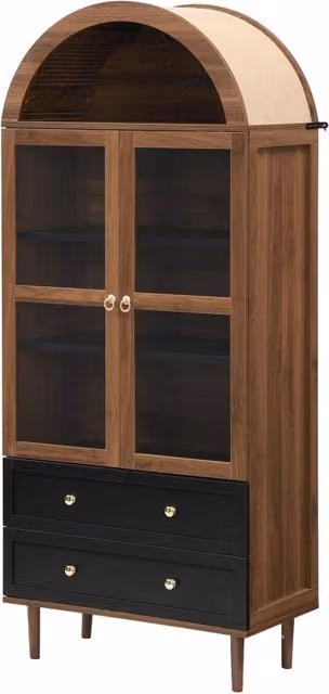 Sideboard in noce con ante in vetro e ripiani regolabili, armadio contenitore moderno in MDF, 70x38x165 cm