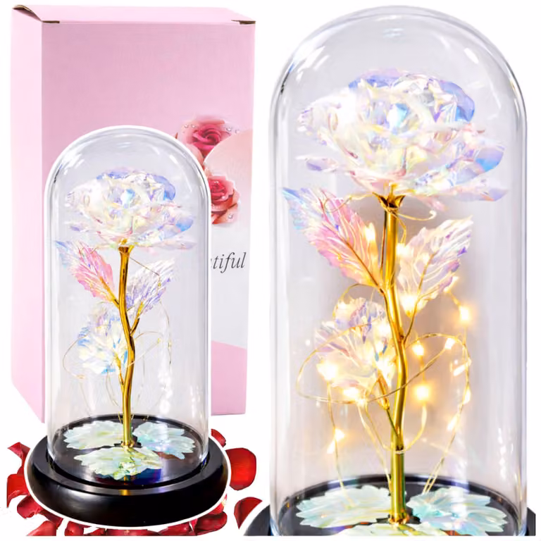 Rosa Eterna In Cupola Di Cristallo Di Vetro Illuminazione A Led Colorata 21x11cm