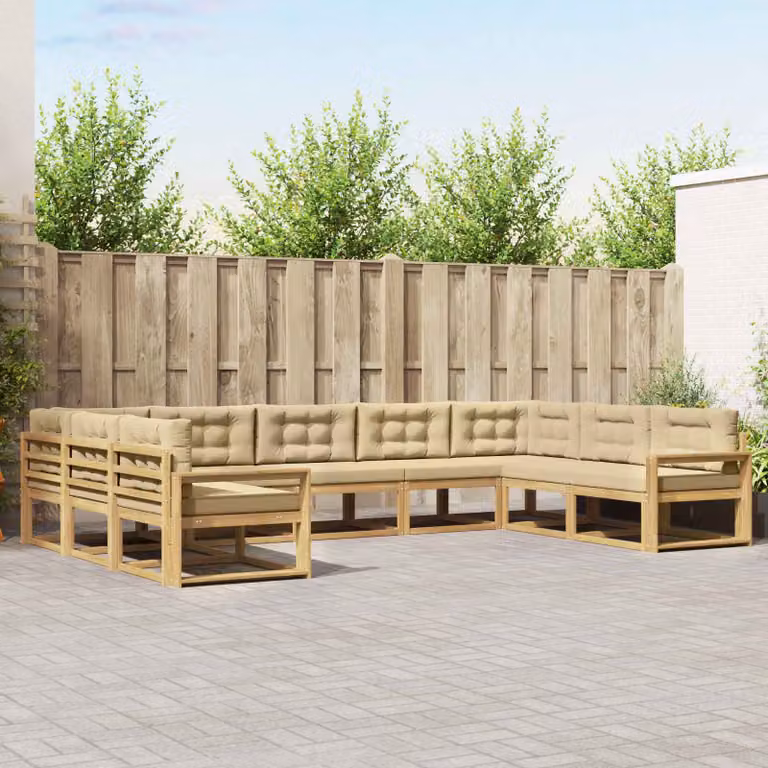 Set di divani da esterno a forma di U vidaXL in legno di acacia con cuscini, Bianco e Beige