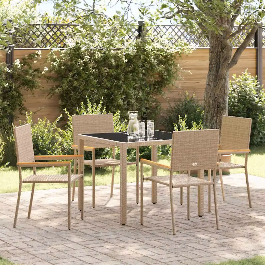 Set da pranzo per giardino e terrazzo vidaXL in polyrattan beige con tavolo in vetro e legno di acacia, 5 pezzi – 1