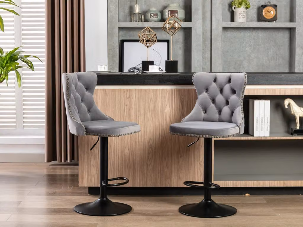 Sgabello da bar girevole OKWISH in velluto grigio con base in metallo e seduta ergonomica moderna – 2