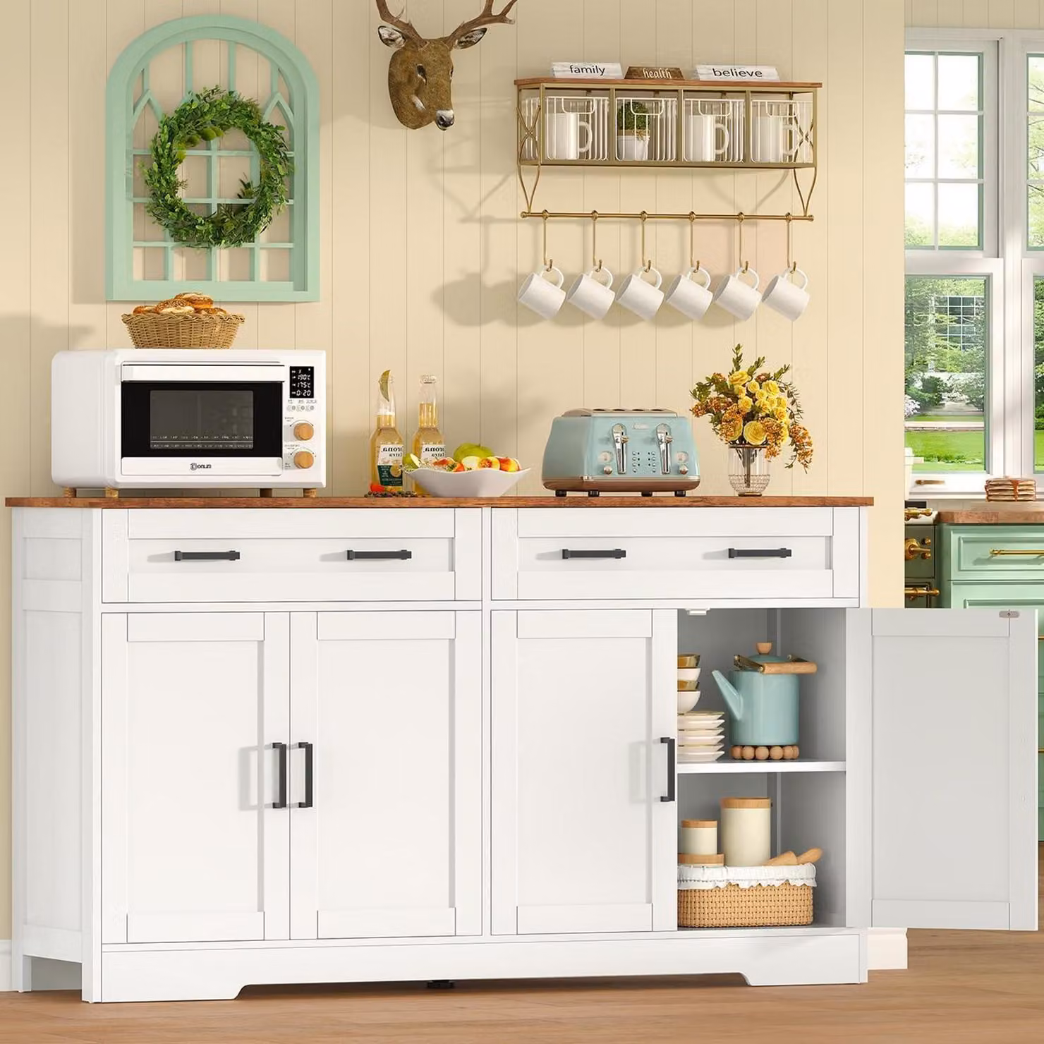 Credenza con piano di lavoro, dimensioni 140x40x80 cm, colore bianco, stile rustico, 2 cassetti, ripiani regolabili